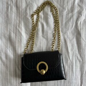 Black faux leather croc shoulder crossbody bag with gold hardware mini bag
